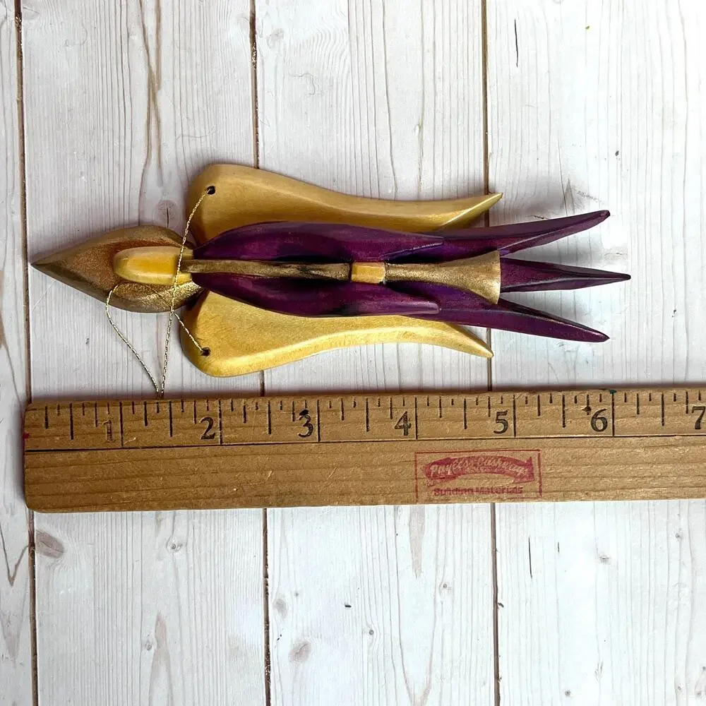 Handcrafted Wooden Angel Ornament Gold Painted Wings Purple Robe Horn Signed